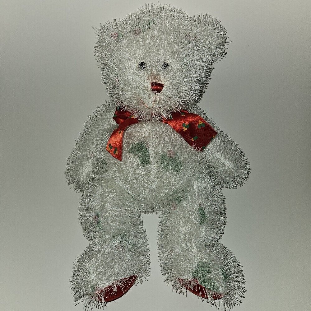 White Teddy Bear Plush 15" Stuffed Toy Red Green Holly Bow Christmas Sugar Loaf